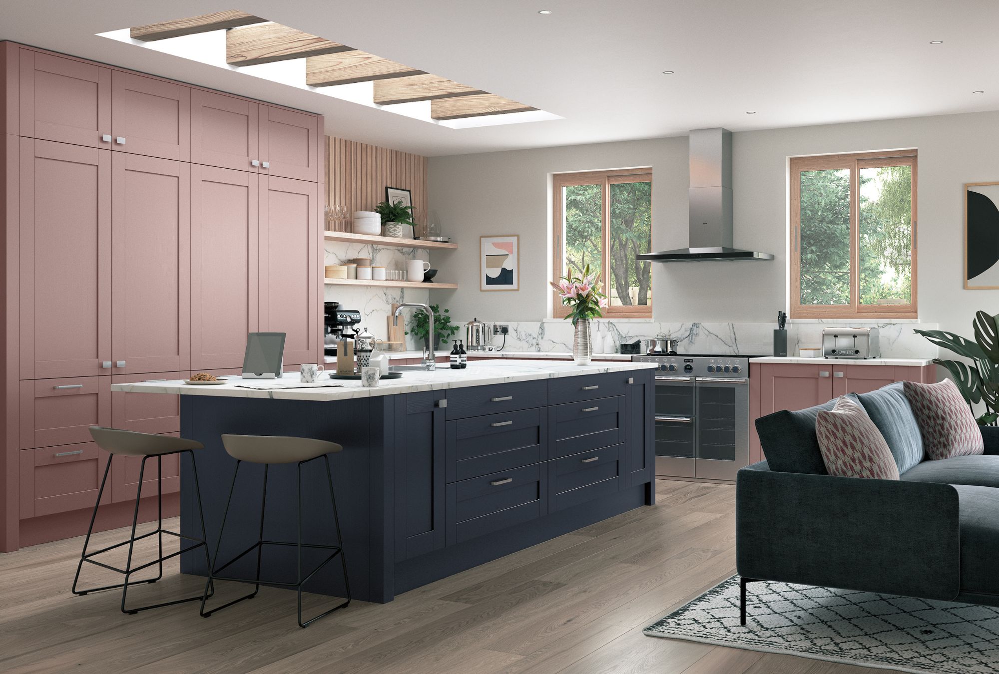 Pink and Blue Contrasting Open Plan Kitchen